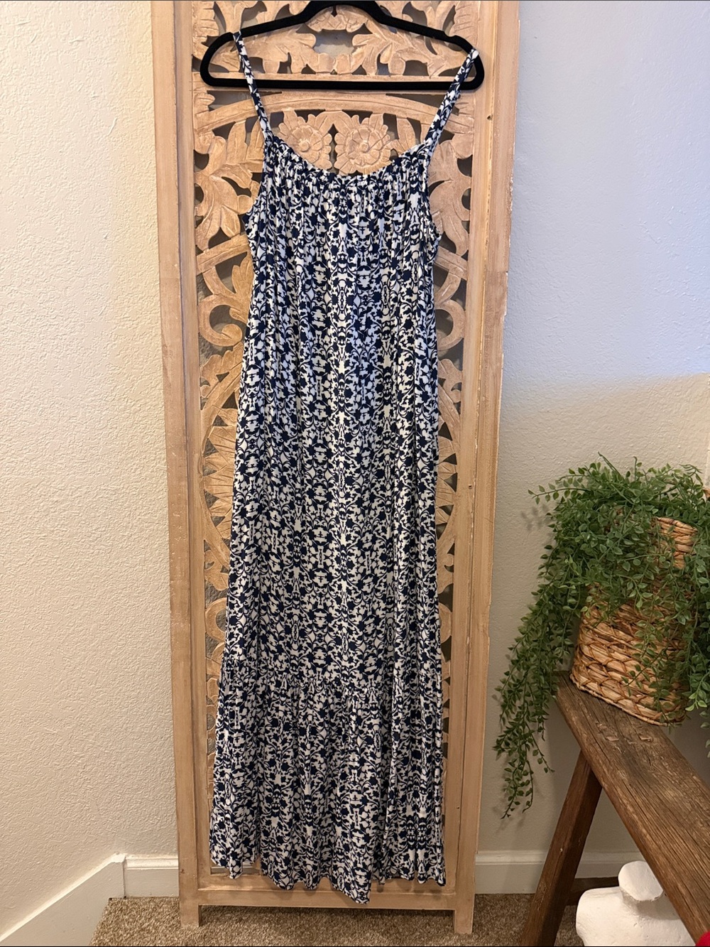 Navy and White Floral Maxi Dress with Spaghetti Straps